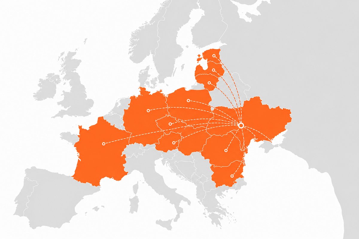 Карта Європи: Україна та напрямки медичних перевезень — Польща, Словаччина, Чехія, Німеччина, Австрія, Угорщина, Румунія та інші країни ЄС